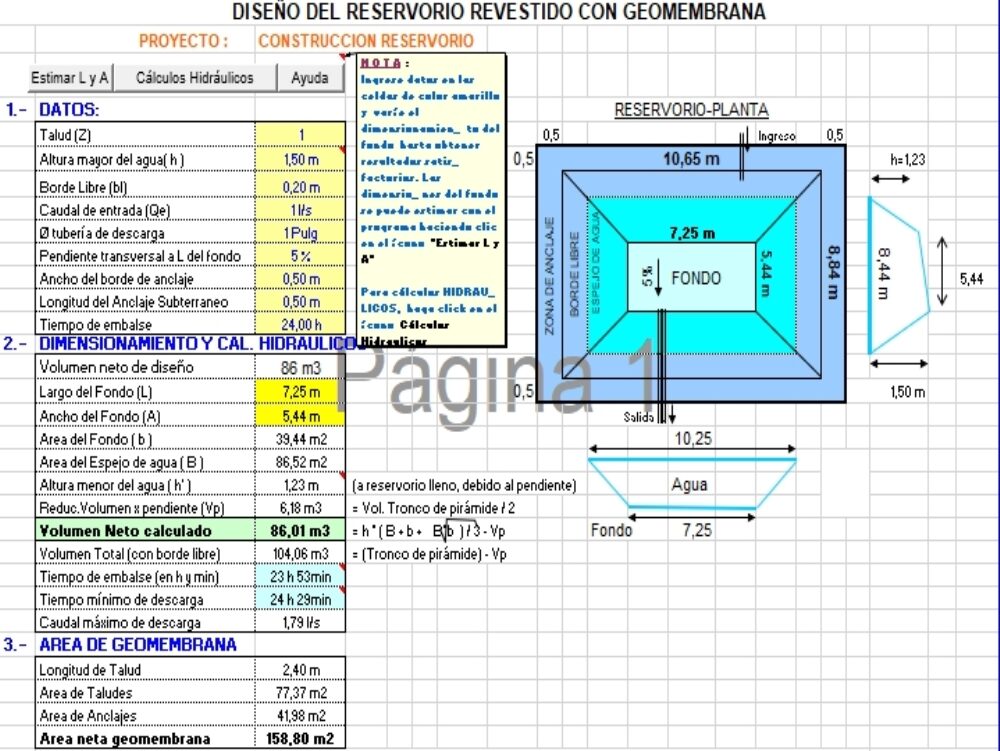Diseño de reservorio revestido con geomembrana