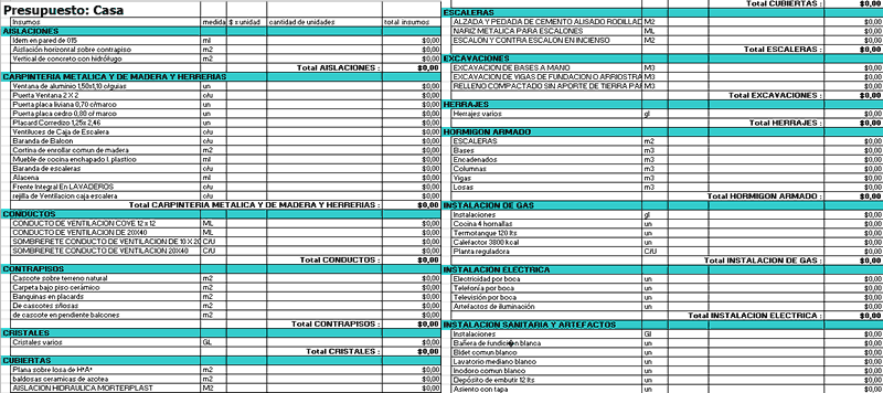 Planilla de calculo - presupuesto unifamiliar