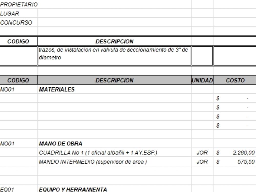 Matriz de costos arteza de agua