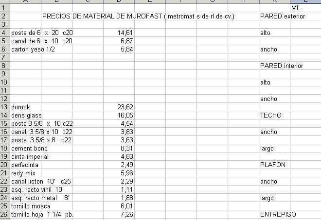 Hoja de calculo en excel para obtener material a ocupar en construccion con sistema metalico